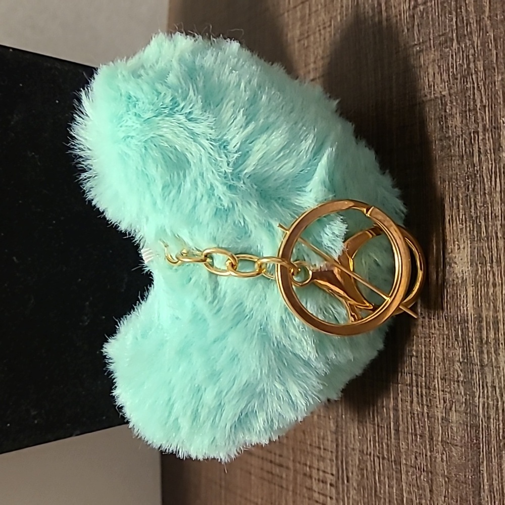 Fuzzy Heart Keychain Purse Charm Bag Charm Fluffy Aqua Blue Gold Tone - Picture 4 of 4